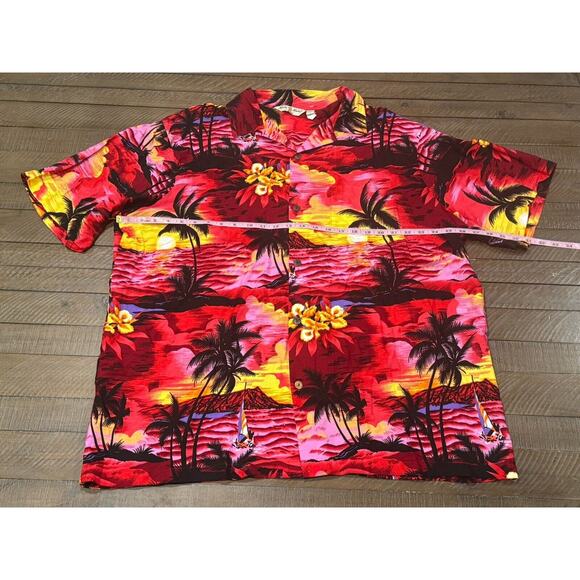 Hula Hula Hawaiian Shirt Fuchsia Black/Red/Yellow Palm Trees Tropical Rayon- 2XL - Picture 5 of 7